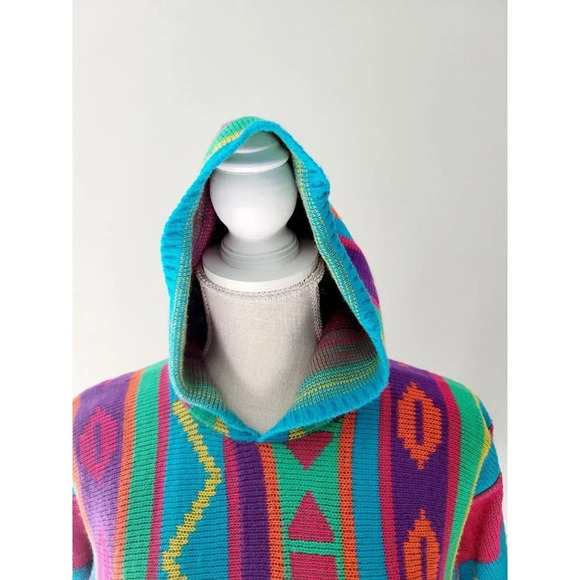 JJ Poole Vintage 80s 90s Aztec Southwestern Hooded Frayed Pullover Sweater XS S - Picture 7 of 12